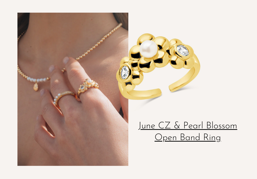 June CZ & Pearl Blossom Open Band Ring