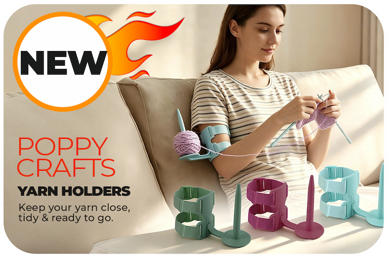 Poppy Crafts Portable Yarn Holders in assorted colours designed to keep yarn secure and close at hand while knitting or crocheting.