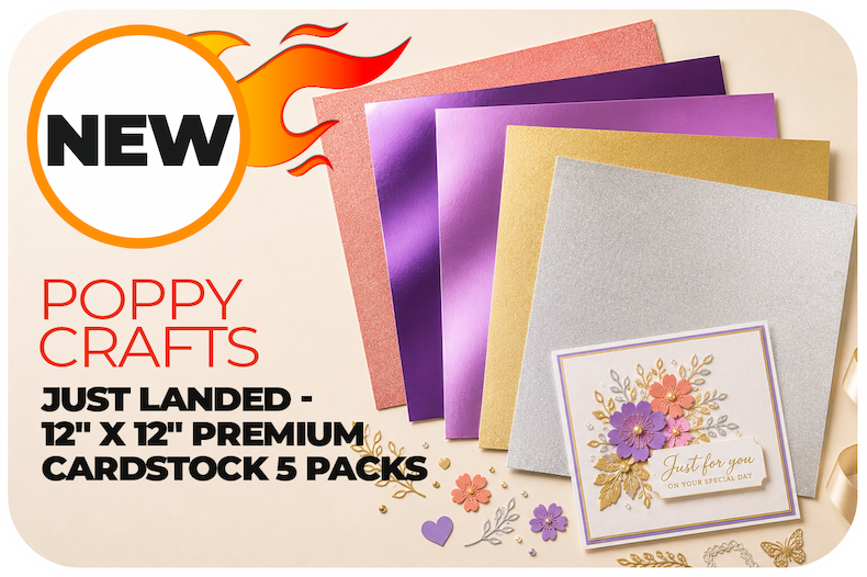 Poppy Crafts 12 x 12 inch premium cardstock in shimmer, mirror and metallic finishes including gold, silver, pink and purple.