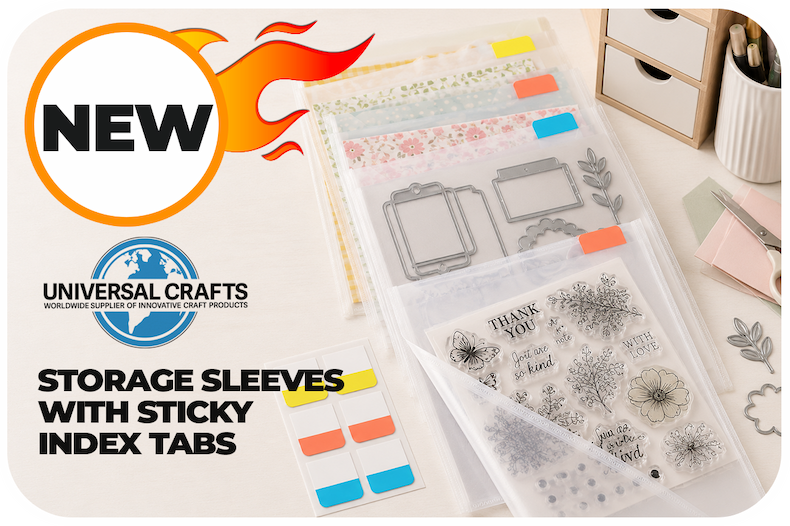 Universal Crafts clear storage sleeves in A4 and 6 x 6 inch sizes with colourful sticky index tabs, organising stamps, dies, papers and craft supplies.
