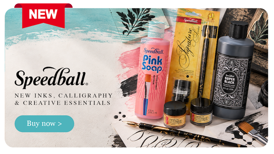 Speedball new arrivals featuring Pink Soap brush cleaner, Gold and Black Calligraphy Pen and Ink Set and Super Black India Ink