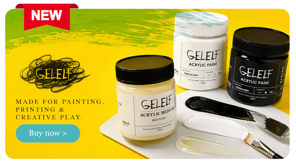 New GELELF acrylic art supplies featuring black and white acrylic paints and Matte Gel medium with painted and gel texture samples.