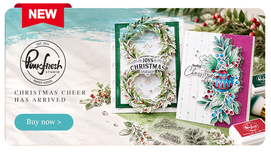 Pinkfresh Studio Christmas cards featuring Seasonal Sprigs and Festive Flourish designs with coordinating stamps, dies and stencils