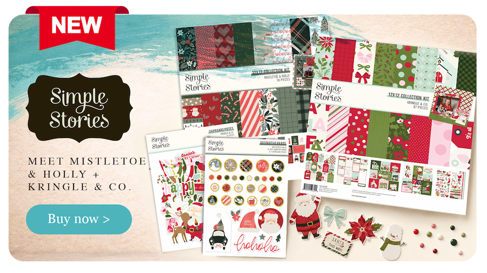 Simple Stories Mistletoe & Holly and Kringle & Co. Christmas collection kits, chipboard pieces, decorative brads and festive embellishments.