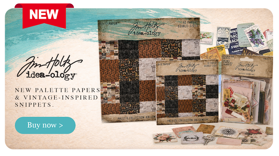 Tim Holtz Idea-ology Palette Collection Halloween 12x12 and 8x8 paper pads with Palette Snippets Ephemera featuring vintage-inspired papers, florals, labels, tickets and collage elements.