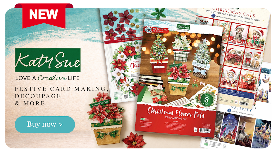 Katy Sue Christmas card making and die-cut decoupage products featuring Christmas Flower Pots, festive poinsettias, Christmas cats and Nativity scenes.