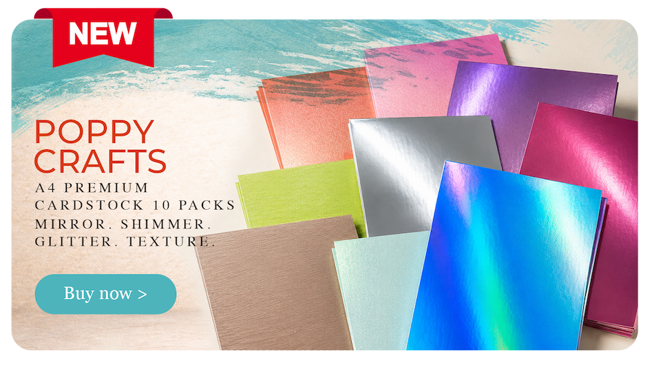 Poppy Crafts A4 Premium Cardstock sheets arranged in blue, pink, lavender, green, grey and neutral colours with assorted premium finishes.