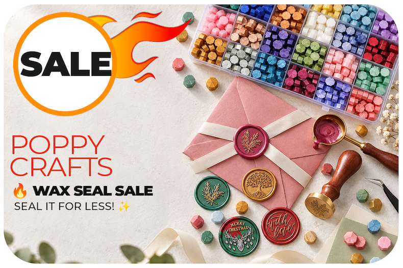 Poppy Crafts wax seal kits and accessories for decorating cards, envelopes and gifts.