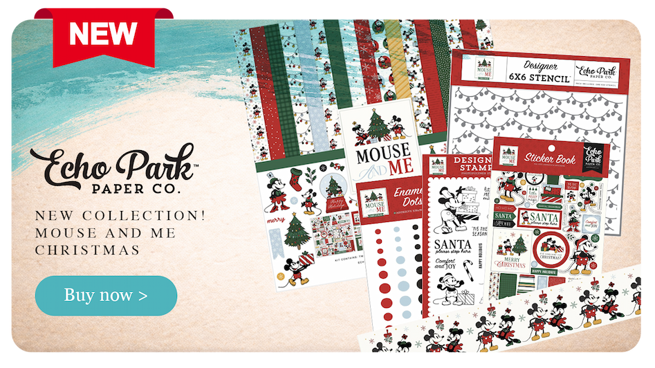 Echo Park Mouse and Me Christmas collection featuring paper, stickers, stamps, stencil, enamel dots and decorative strip
