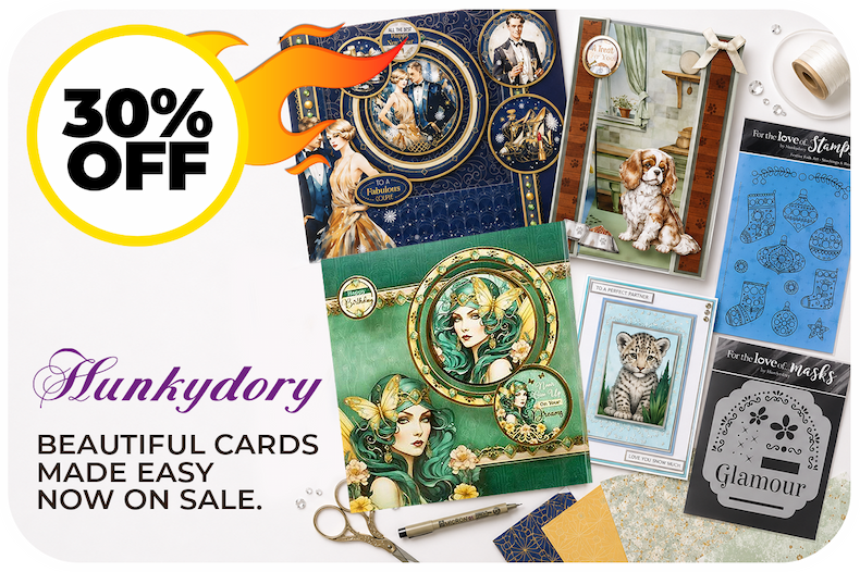 Hunkydory card-making supplies, decorative toppers, masks and finished card inspiration – now 30% off.