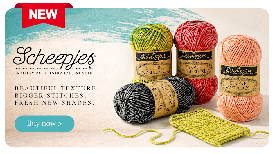 Scheepjes Stone Washed XL yarn balls in green, red, black and white, and peach shades with a knitted green swatch.