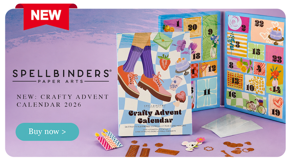 Spellbinders 2026 Crafty Advent Calendar for card makers with 24 daily craft surprises including dies, stamps, stencils, embossing folders and embellishments.