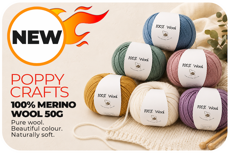 Poppy Crafts 100% Merino Wool 50g yarn balls in blue, green, mustard, cream, pink and purple shades with knitted swatch.