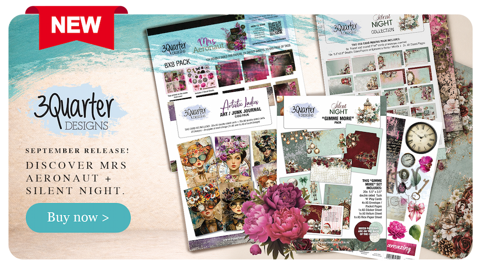 3Quarter Designs September release featuring Mrs Aeronaut and Silent Night paper crafting collections, card packs and coordinating ephemera.