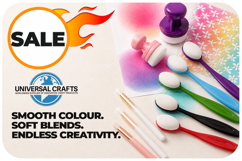 Universal Crafts blending brushes in assorted shapes, sizes and colours with colourful blended ink effects.
