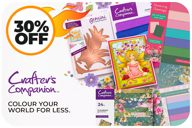 Crafter’s Companion dies, colourful cardstock, patterned papers and card-making supplies – 30% off.