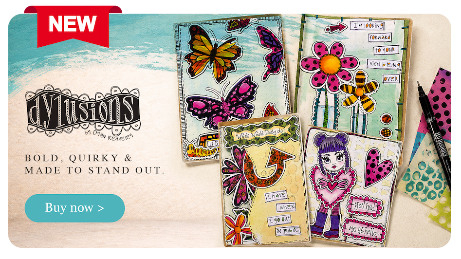 Colourful Dylusions by Dyan Reaveley art journal pages featuring butterflies, flowers, bees, quirky characters and bold mixed-media designs.
