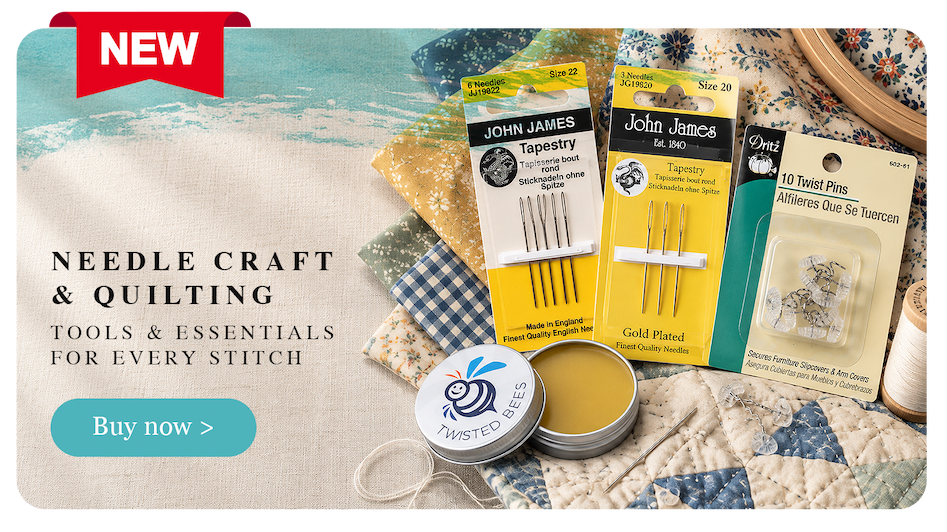 Needle craft and quilting supplies featuring John James tapestry needles, Dritz Twist Pins and Twisted Bees wax