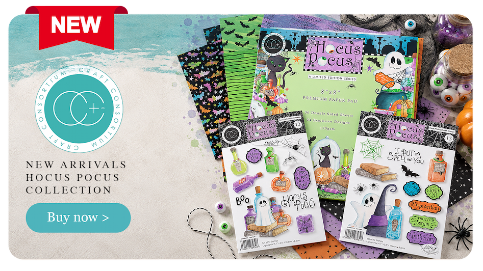 Craft Consortium Hocus Pocus collection featuring premium paper pad and coordinating Halloween stamp sets by Helz Cuppleditch