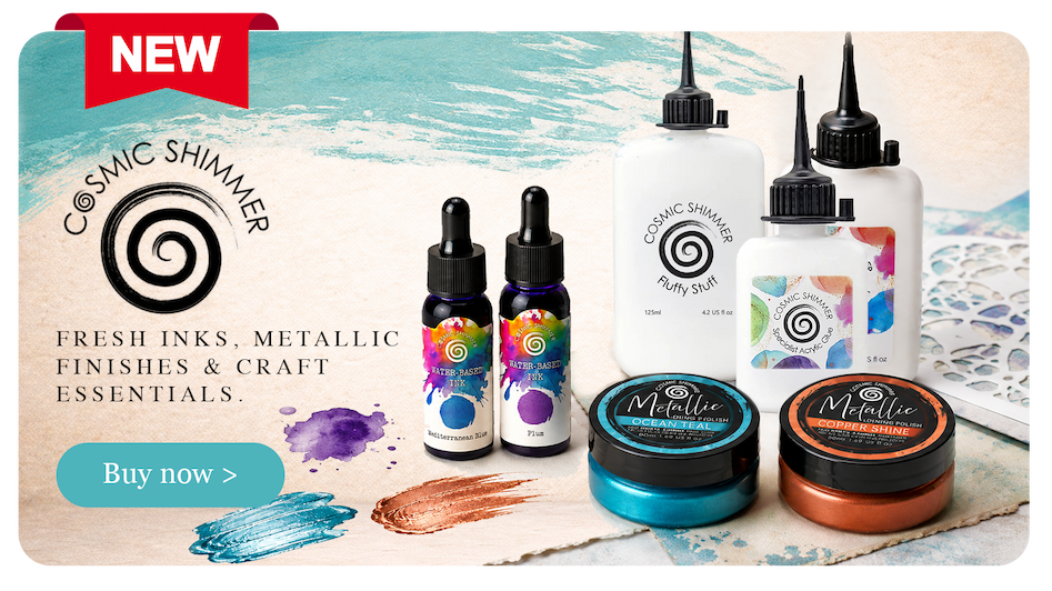 Cosmic Shimmer water-based inks, specialist acrylic glue, Fluffy Stuff and metallic gilding polish in Ocean Teal and Copper Shine.