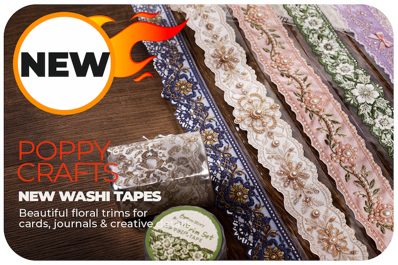 New Poppy Crafts Floral Trim Washi Tapes featuring decorative floral, pearl, lace and bow designs in assorted colours.