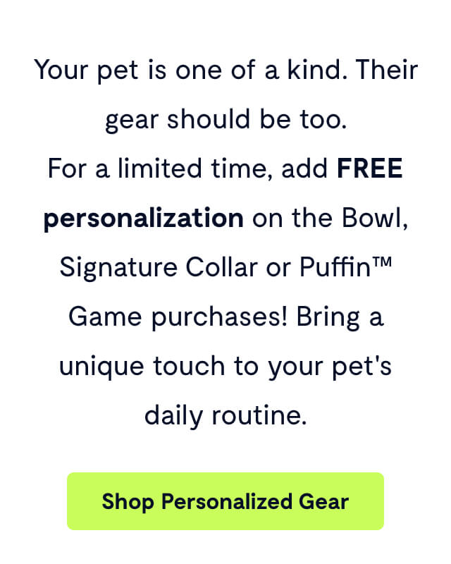 Your pet is one of a kind. Their gear should be too. For a limited time, add FREE personalization on the Bowl, Signature Collar or Puffin™ Game purchases! Bring a unique touch to your pet's daily routine.