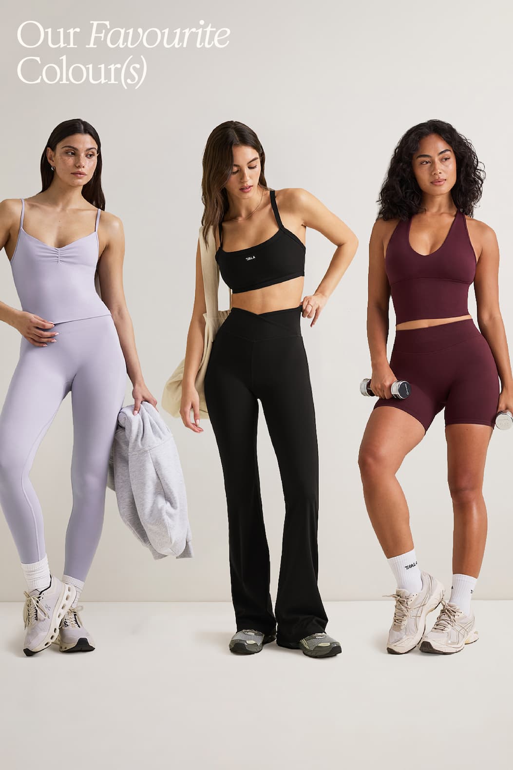 MODELS WEARING MONOCHROME TALA IN LILAC< BLACK AND CHERRY