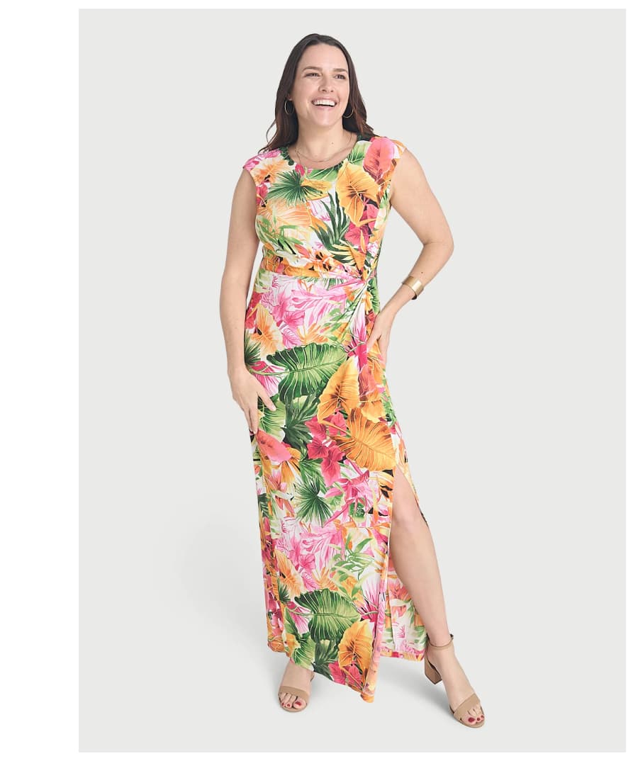 MILA ORANGE TROPICAL PRINT SIDE-SLIT DRESS