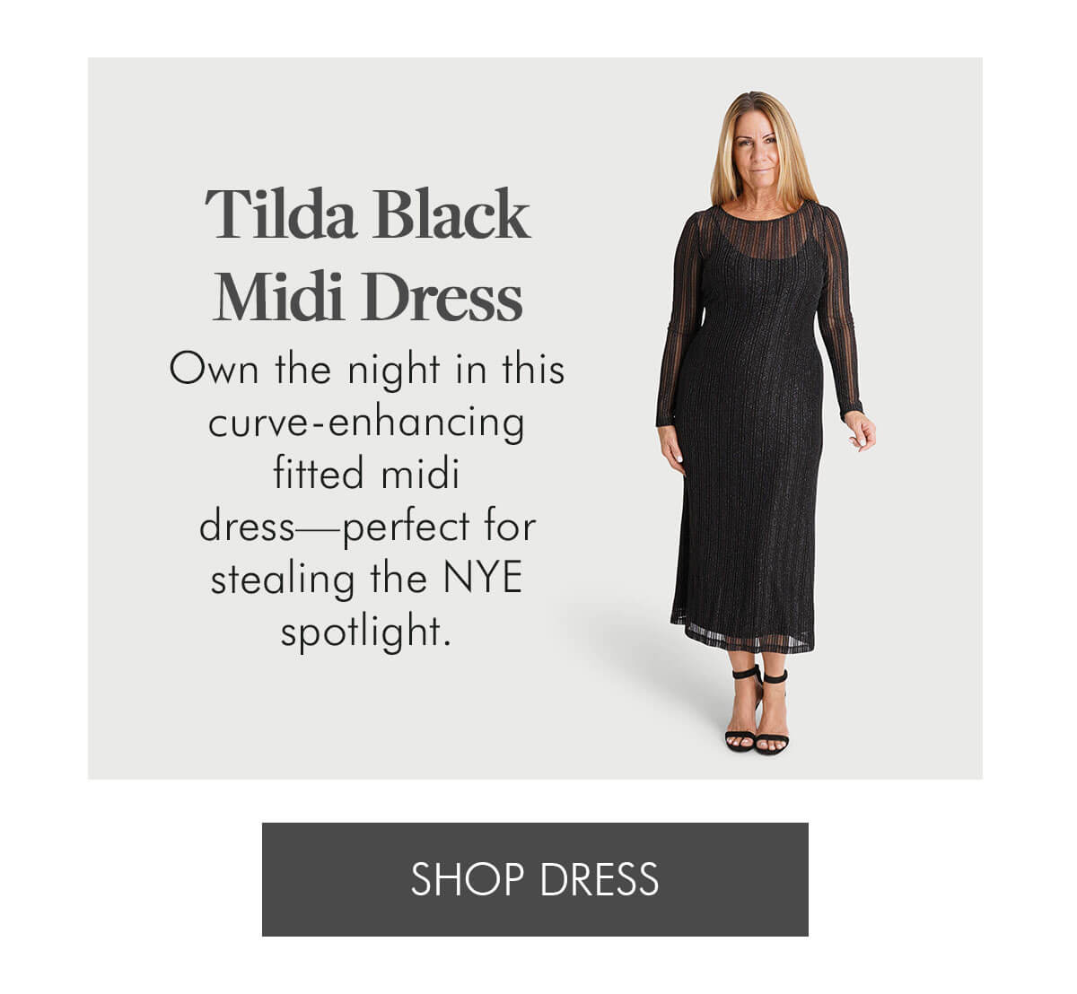 Tilda Black Midi Dress Own the night in this curve-enhancing fitted midi dress—perfect for stealing the NYE spotlight. https://connectedapparel.com/collections/new- SHOP DRESS