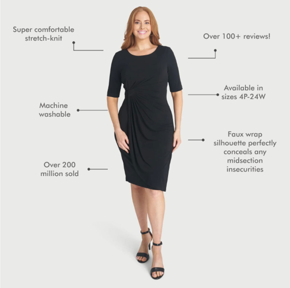 •Super comfortable stretch-knit •Machine washable •Over 200 million sold •Over 100+ reviews! •Available in sizes 4P-24W •Faux wrap silhouette perfectly conceals any midsection insecurities