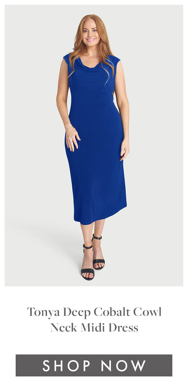 Tonya Deep Cobalt Cowl Neck Midi Dress