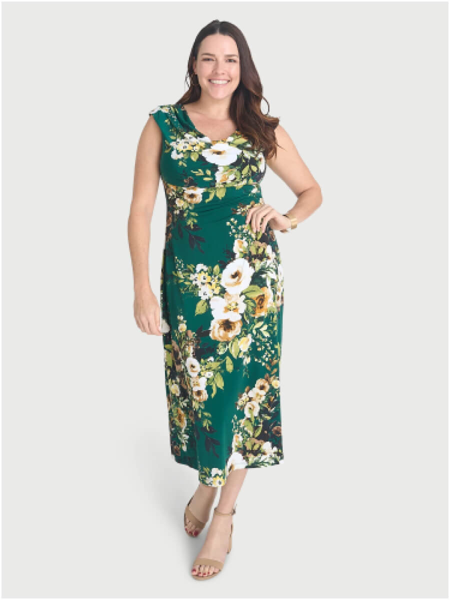 TONYA EVERGREEN COWL NECK MIDI DRESS $69.00