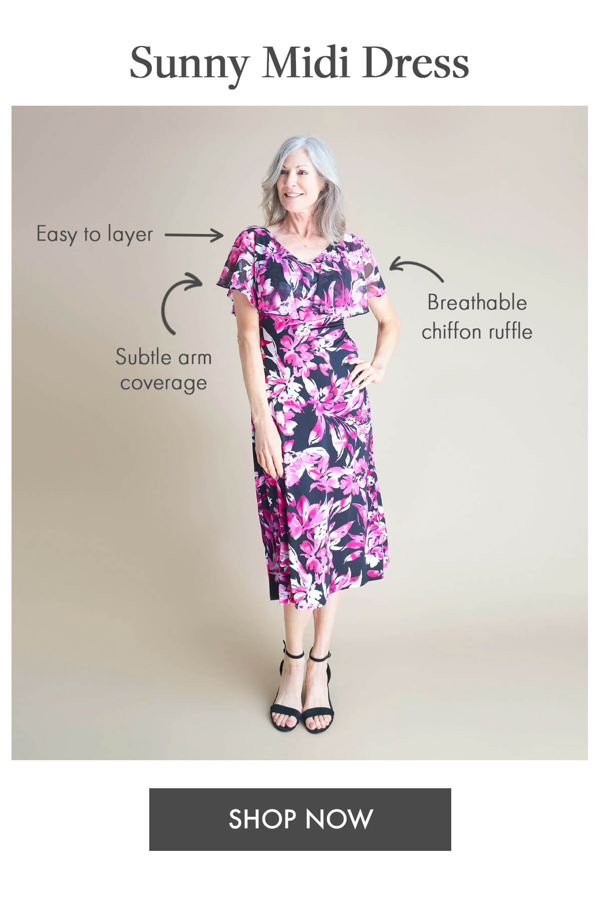 Sunny Midi Dress Subtle arm coverage w/chiffon ruffle Breathable Easy to layer SHOP NOW