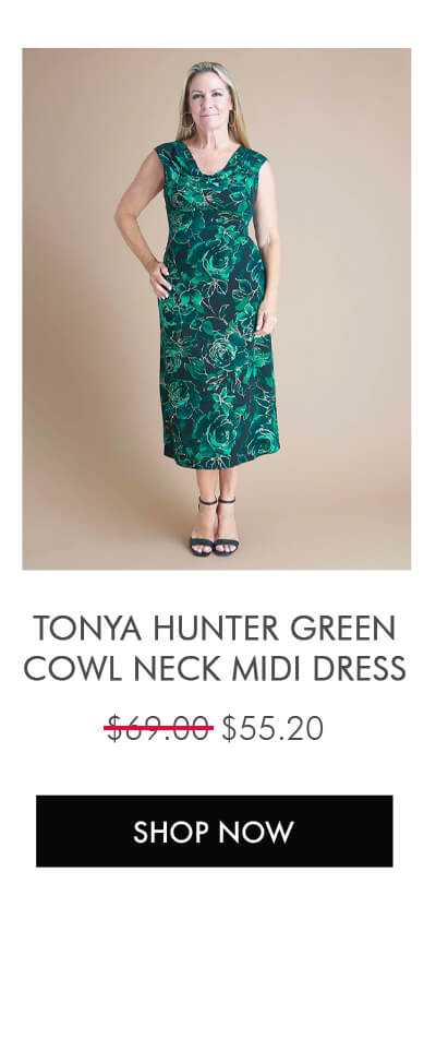TONYA HUNTER GREEN COWL NECK MIDI DRESS SHOP NOW