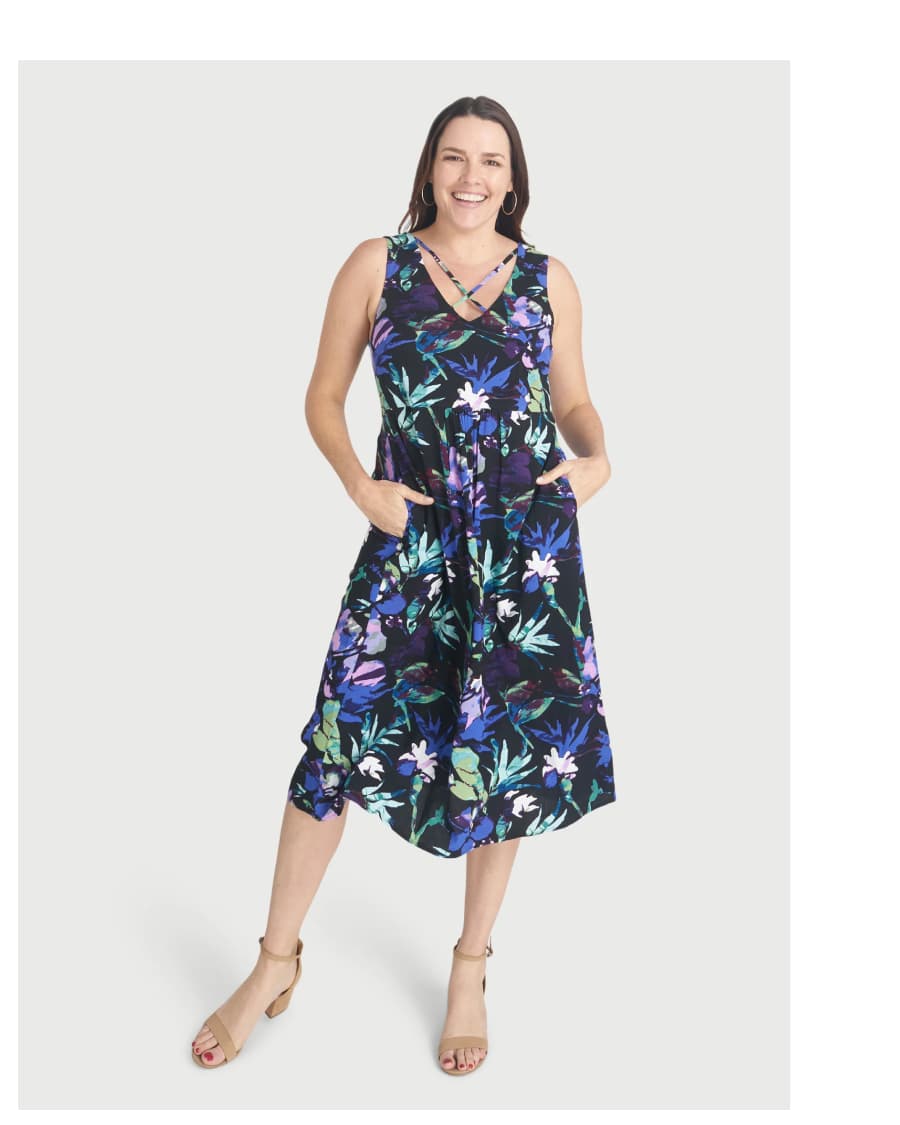 TATYANA VIOLET FLORAL X-NECK DRESS