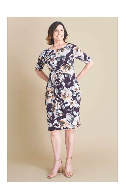 LISA DARK PLUM FLORAL ELBOW SLEEVE DRESS