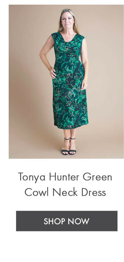 TONYA HUNTER GREEN COWL NECK MIDI DRESS SHOP NOW