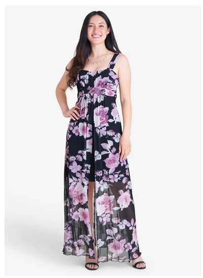 MARILYN DUSTY MAUVE FLORAL MESH MAXI DRESS