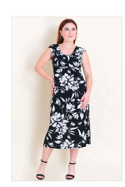 TONYA BLACK FLORAL COWL NECK MIDI DRESS
