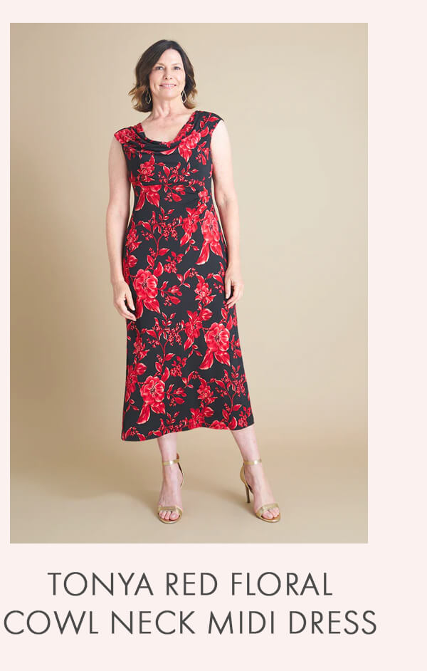 TONYA RED FLORAL COWL NECK MIDI DRESS