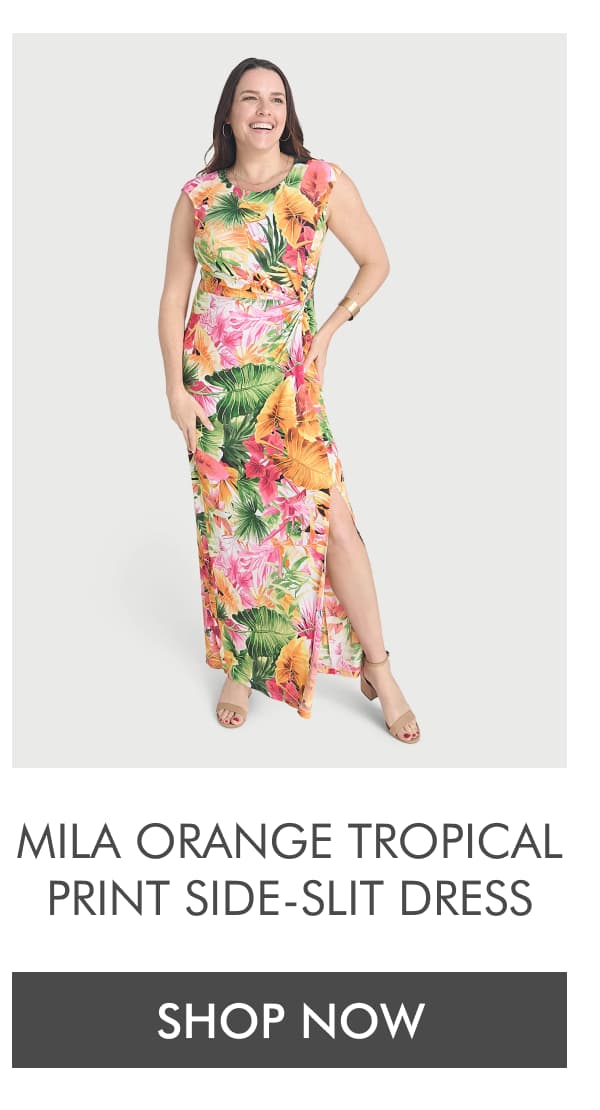 MILA ORANGE TROPICAL PRINT SIDE-SLIT DRESS