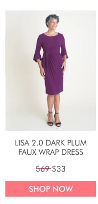 LISA 2.0 DARK PLUM FAUX WRAP DRESS $69 $33 SHOP NOW