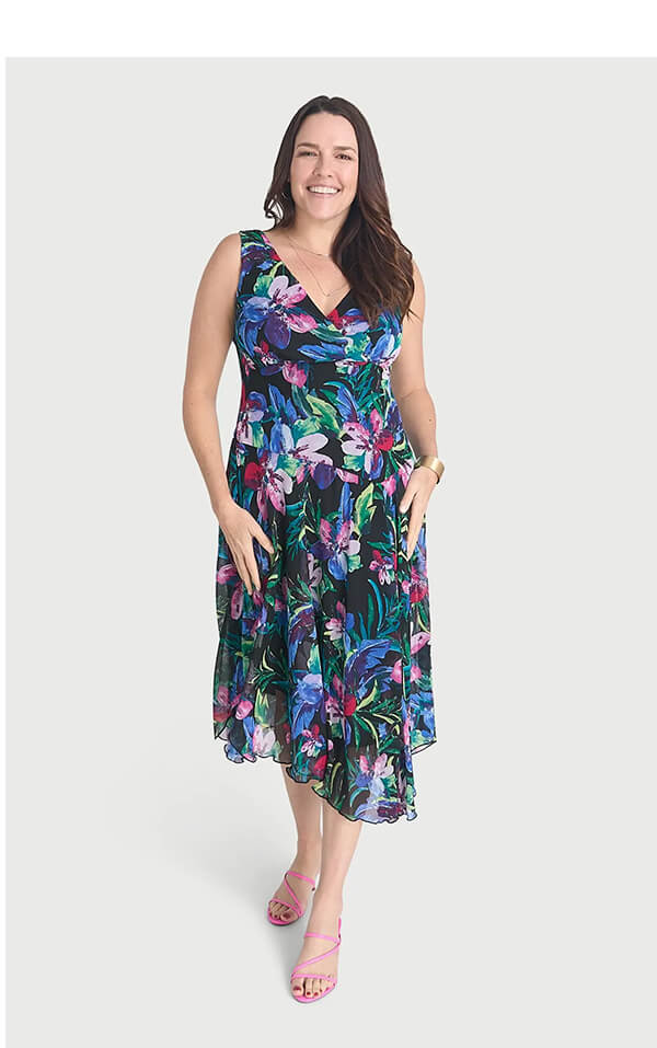 Audrey Black Floral Asymmetrical Midi Dress on SALE