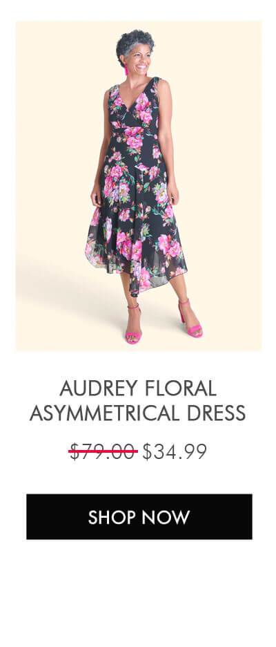 AUDREY FLORAL SURPLICE ASYMMETRICAL MIDI DRESS $34.99 SHOP NOW