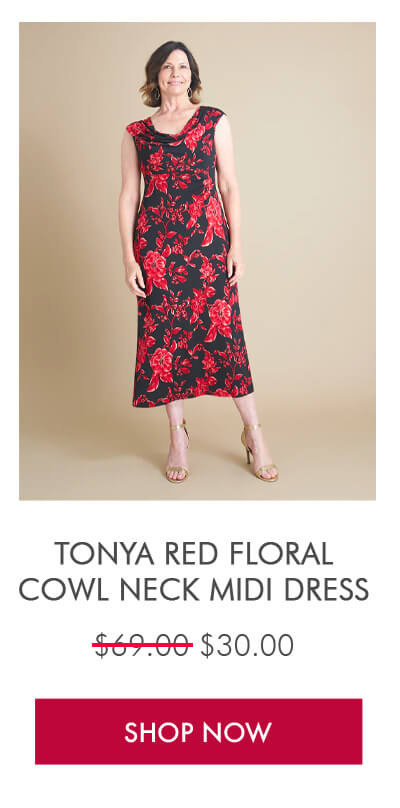 TONYA RED FLORAL COWL NECK MIDI DRESS SHOP NOW