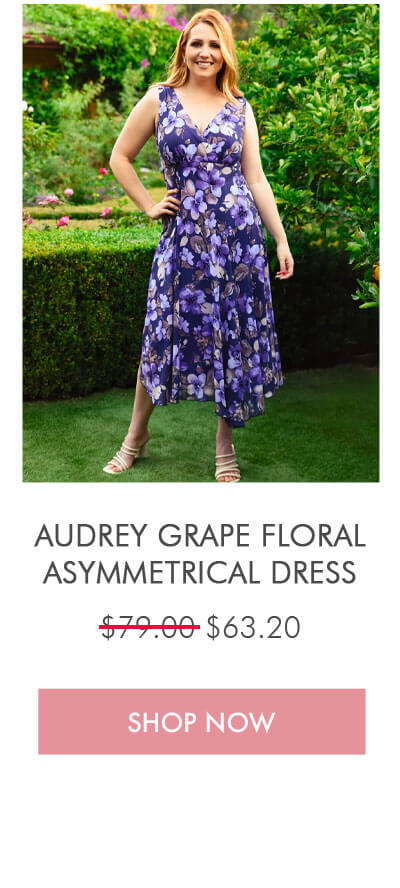 AUDREY GRAPE FLORAL ASYMMETRICAL DRESS $79.00 $63.20 SHOP NOW