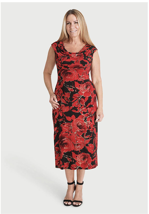 Tonya Red Abstract Cowl Neck Midi Dress