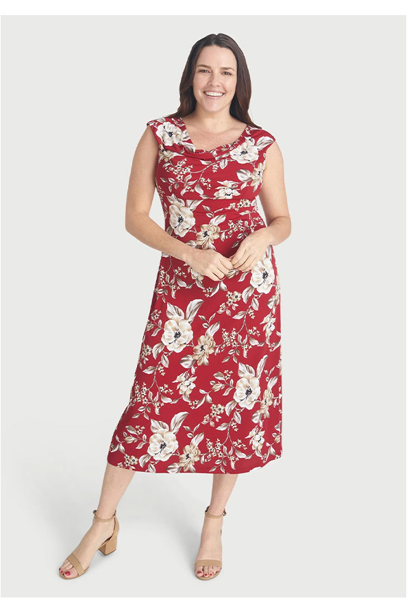Tonya Crimson Cowl Neck Midi Dress