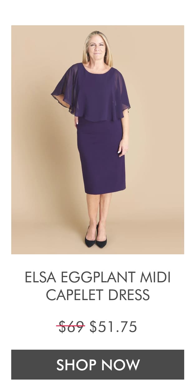 ELSA EGGPLANT MIDI CAPELET DRESS $69 Now $51.75. SHOP NOW