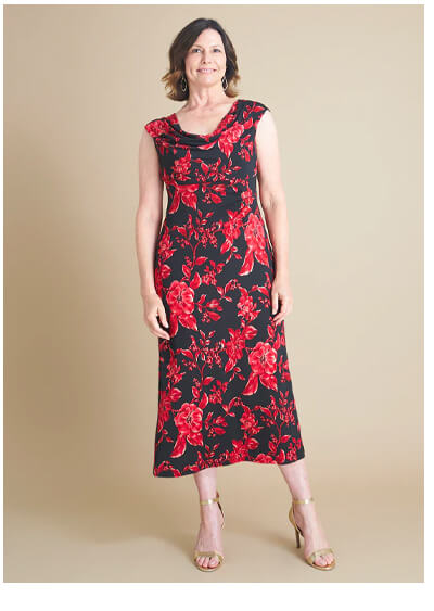 TONYA RED FLORAL COWL NECK MIDI DRESS